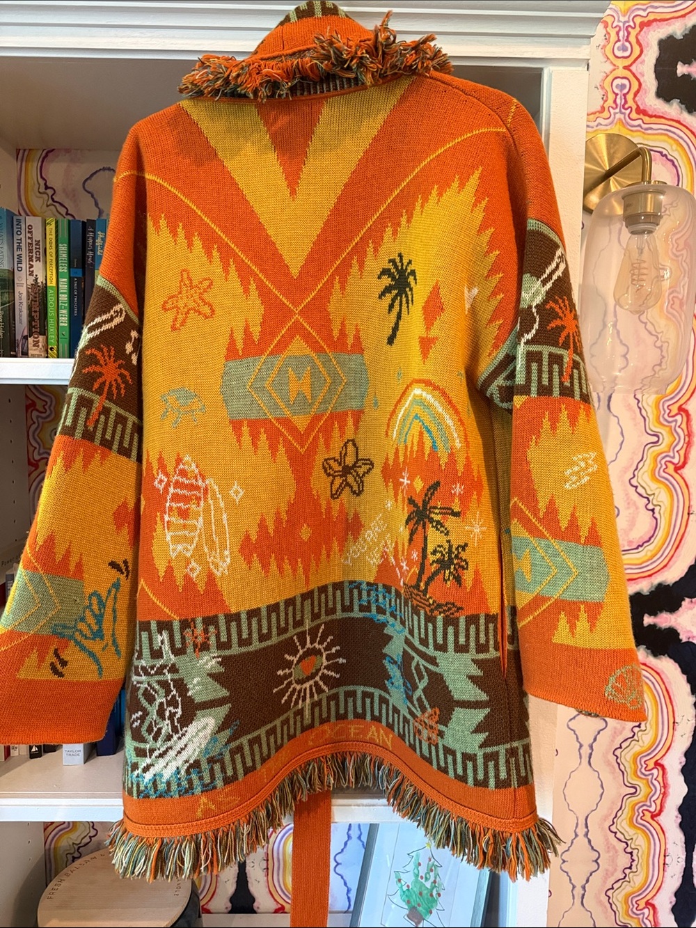 Fringed Southwestern Knit Cape Jacket - Orange Multi - Picture 2 of 6